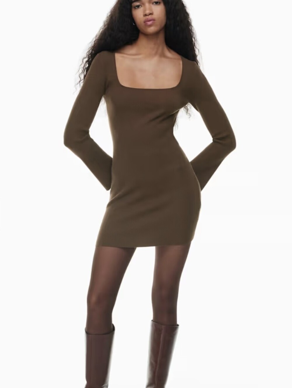 Zara Brown Ribbed Knit Bodycon Mini Dress Sz L NWT